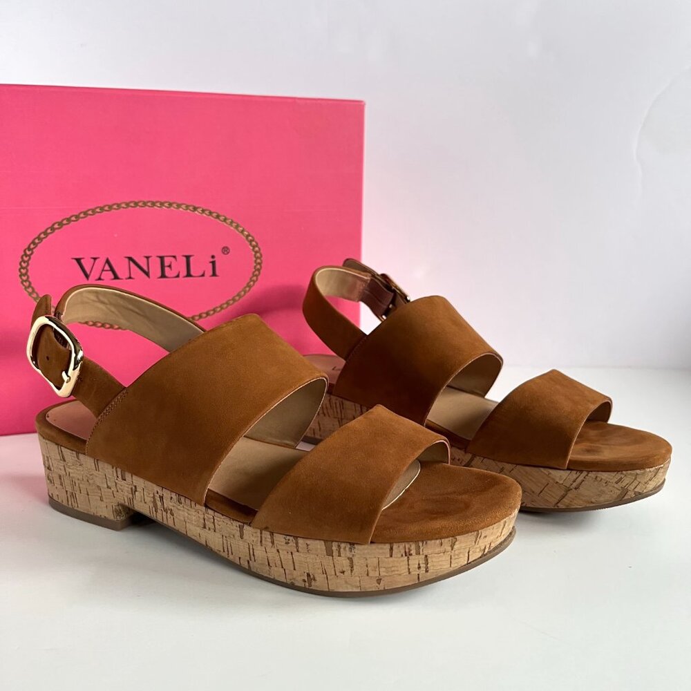 Vaneli Two-Strap Nubuck Cork Wedge Slingback Sandals Tan Brown size 8.5